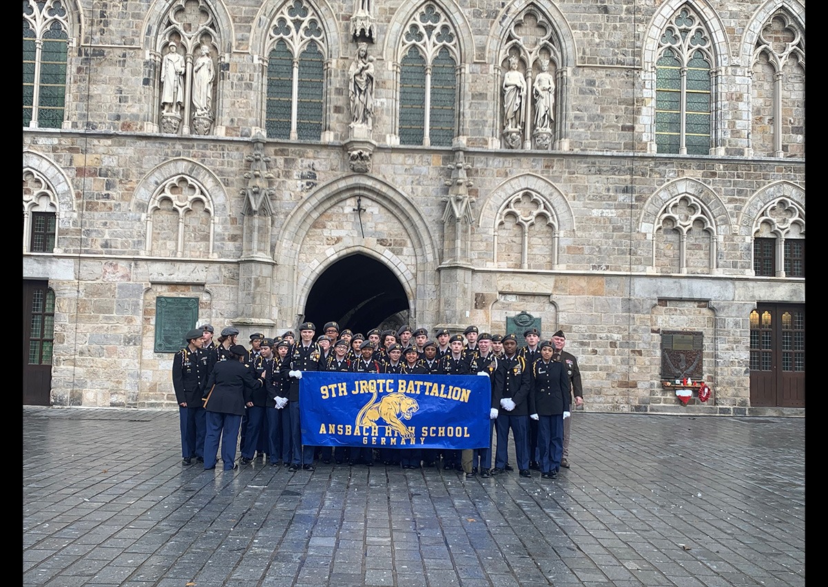 Photo Name: AnsbachVDT14 Names: 9th JROTC Battalion Photo Credit: MAJ Mark Bulinski Caption: 9th JROTC Battalion pose in front of the In Flanders Fields Museum, Ypres, Belgium