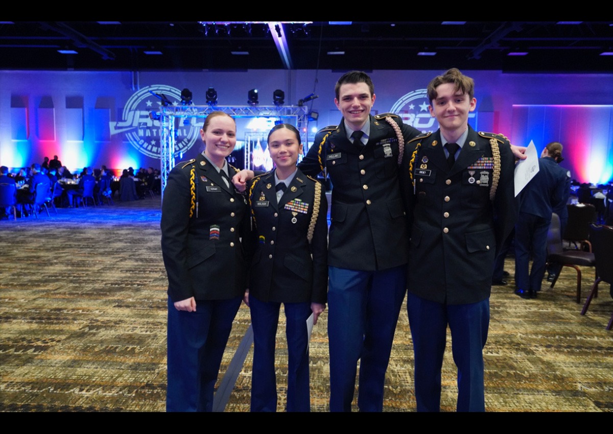 (Pictured above from left to right; Cadets Sophia Duran, Kai Malaga, Benjamin Pollack, and Aiden Sweney attending the 2025 JROTC National Banquet)